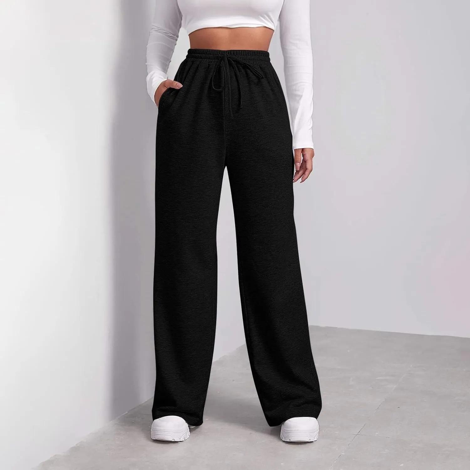 Wide Leg Sweat Pants for Womens Joggers with Pockets Comfy Fleece Sweatpants Elastic Waist Workout Lounge Pants