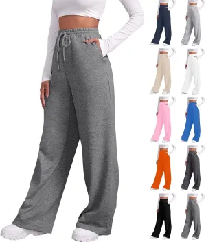 Wide Leg Sweat Pants for Womens Joggers with Pockets Comfy Fleece Sweatpants Elastic Waist Workout Lounge Pants