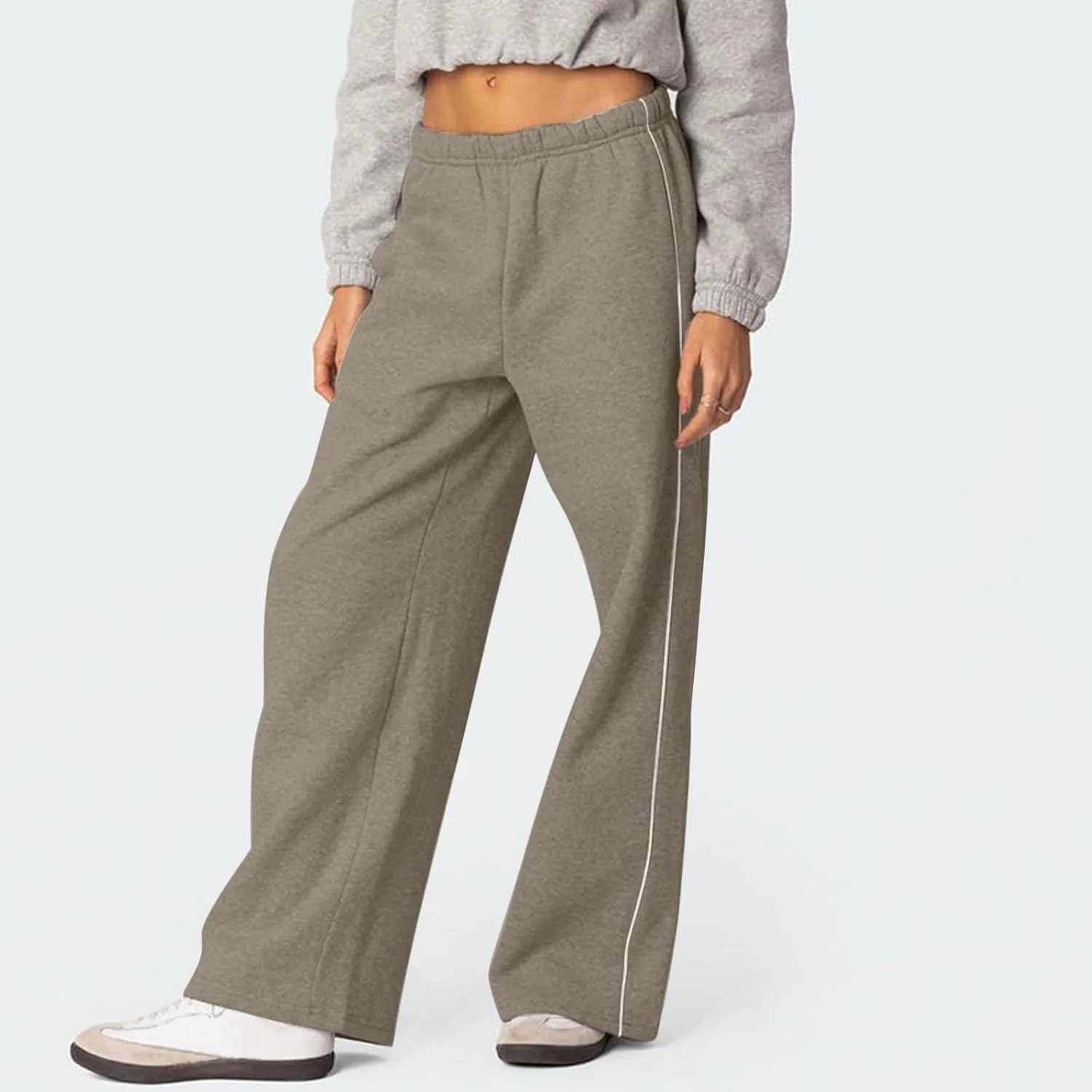 Wide Leg Sweatpants Women Baggy Fleece Lined High Waisted Athletic Pants Casual Striped Lounge Pants with Pockets