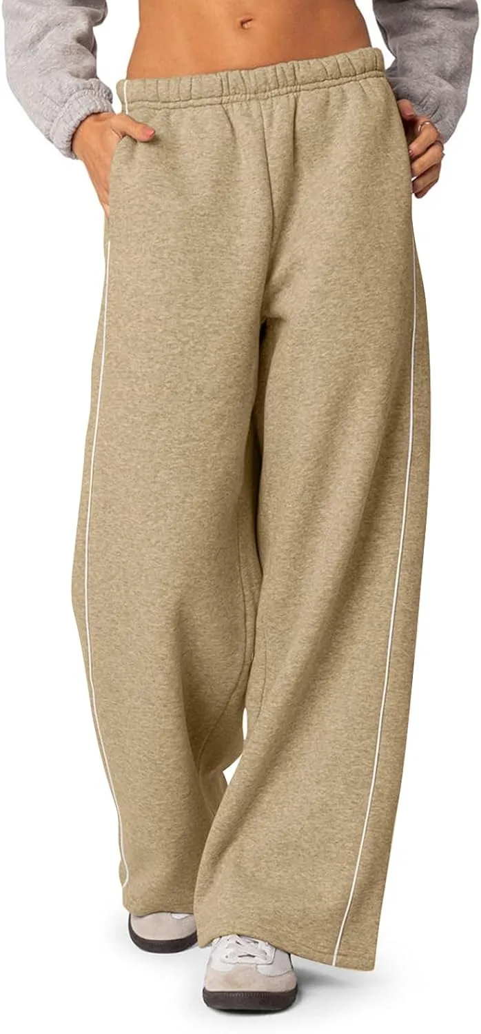 Wide Leg Sweatpants Women Baggy Fleece Lined High Waisted Athletic Pants Casual Striped Lounge Pants with Pockets
