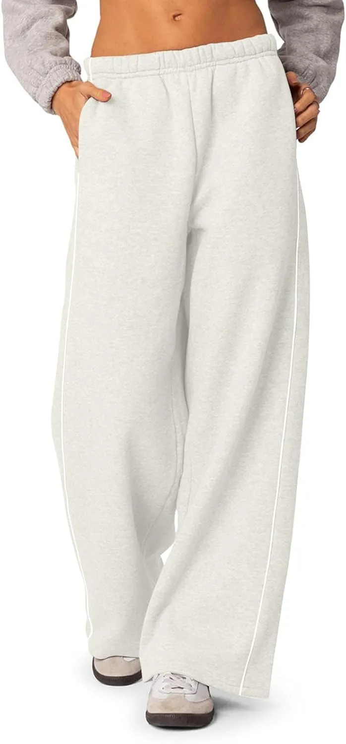 Wide Leg Sweatpants Women Baggy Fleece Lined High Waisted Athletic Pants Casual Striped Lounge Pants with Pockets