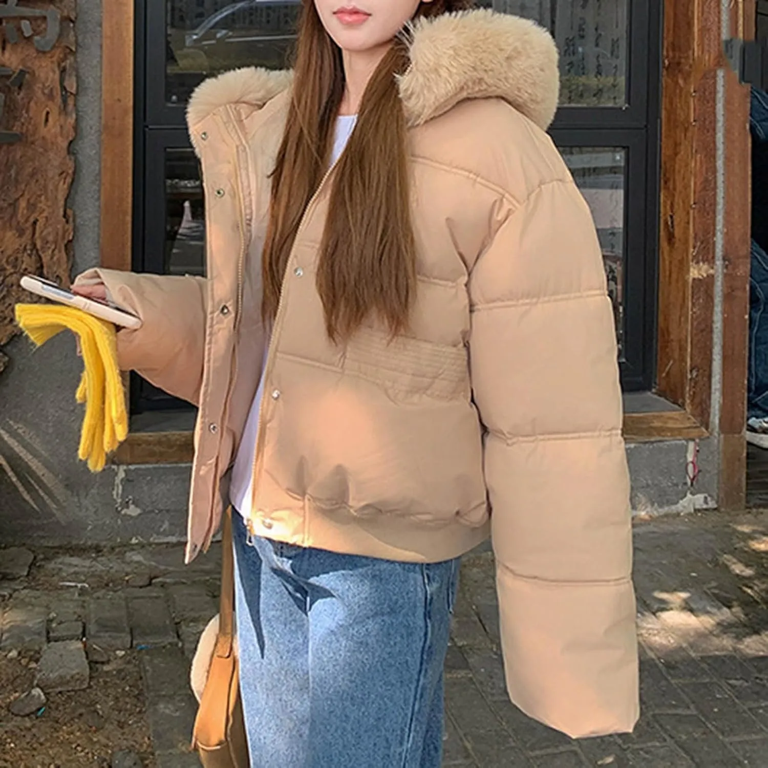 Winter Coat for Women Full Zip Warm Parka Coat Fashion Detachable Hooded Puffer Jackets Stylish Padded Down Coat