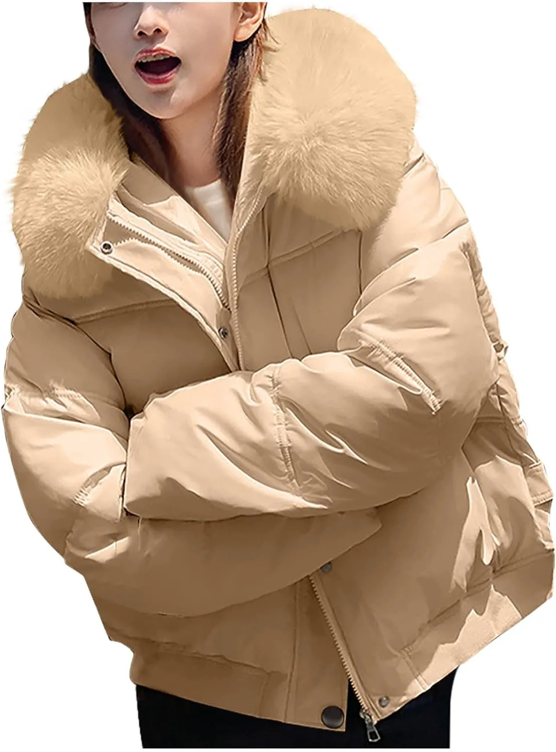 Winter Coat for Women Full Zip Warm Parka Coat Fashion Detachable Hooded Puffer Jackets Stylish Padded Down Coat