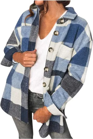 Winter Coats for Women Long Sleeve Plaid Shirts Flannel Lapel Button Down Casual Jacket Loose Outfit Coats