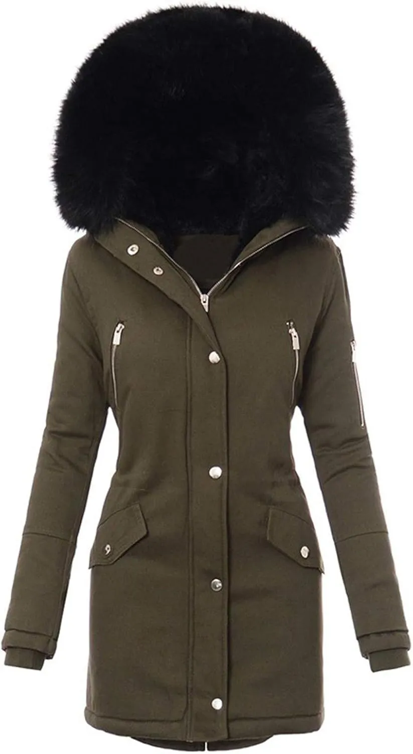Winter Coats for Women Long Sleeve Puffer Jackets Plus Size Parka Coat with Plush Hooded Mid Length Sherpa Outerwear