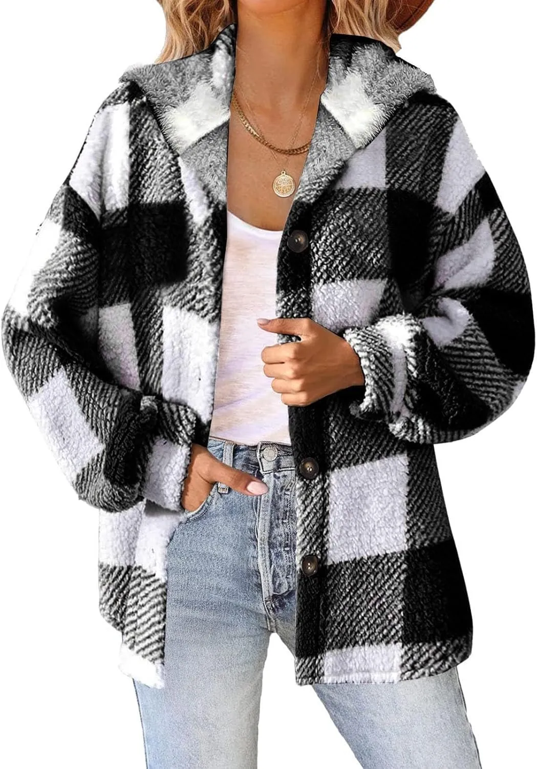 Winter Fleece Jacket for Women Zip Up Stand Collar Coats with Pockets Fleece Jacket Hooded Long Sleeve Outerwear