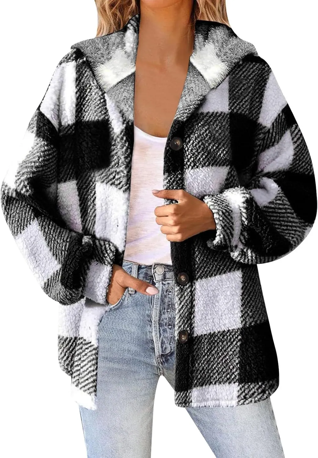 Winter Fleece Jacket for Women Zip Up Stand Collar Coats with Pockets Fleece Jacket Hooded Long Sleeve Outerwear