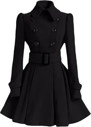 WIWIQS Women Winter Wool Blend Pea Coat Double Breasted Swing Jackets Pleated Mid-Long Outwear with Belt Buckle