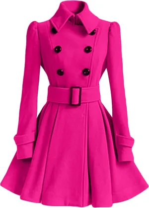 WIWIQS Women Winter Wool Blend Pea Coat Double Breasted Swing Jackets Pleated Mid-Long Outwear with Belt Buckle