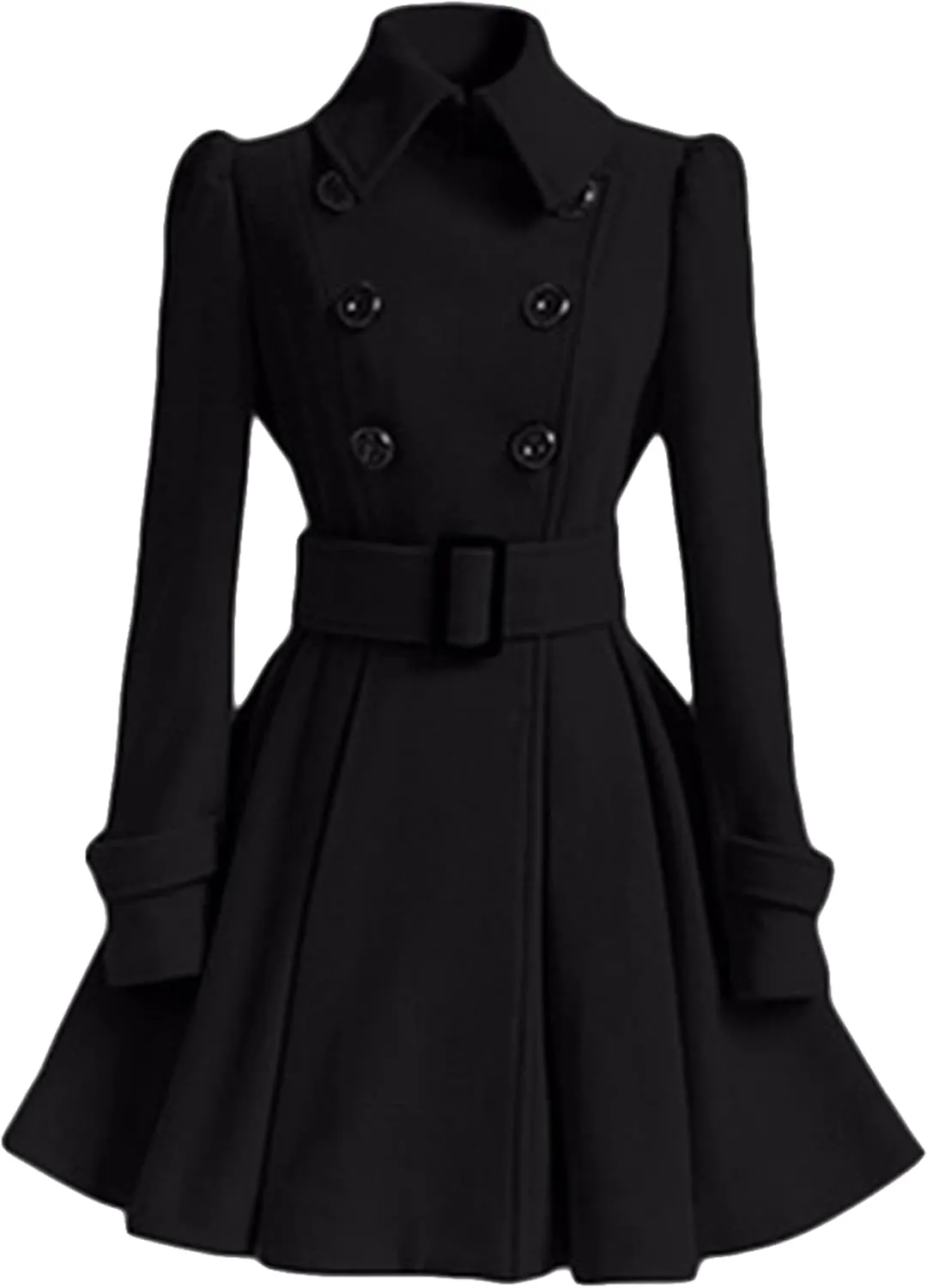 WIWIQS Women Winter Wool Blend Pea Coat Double Breasted Swing Jackets Pleated Mid-Long Outwear with Belt Buckle