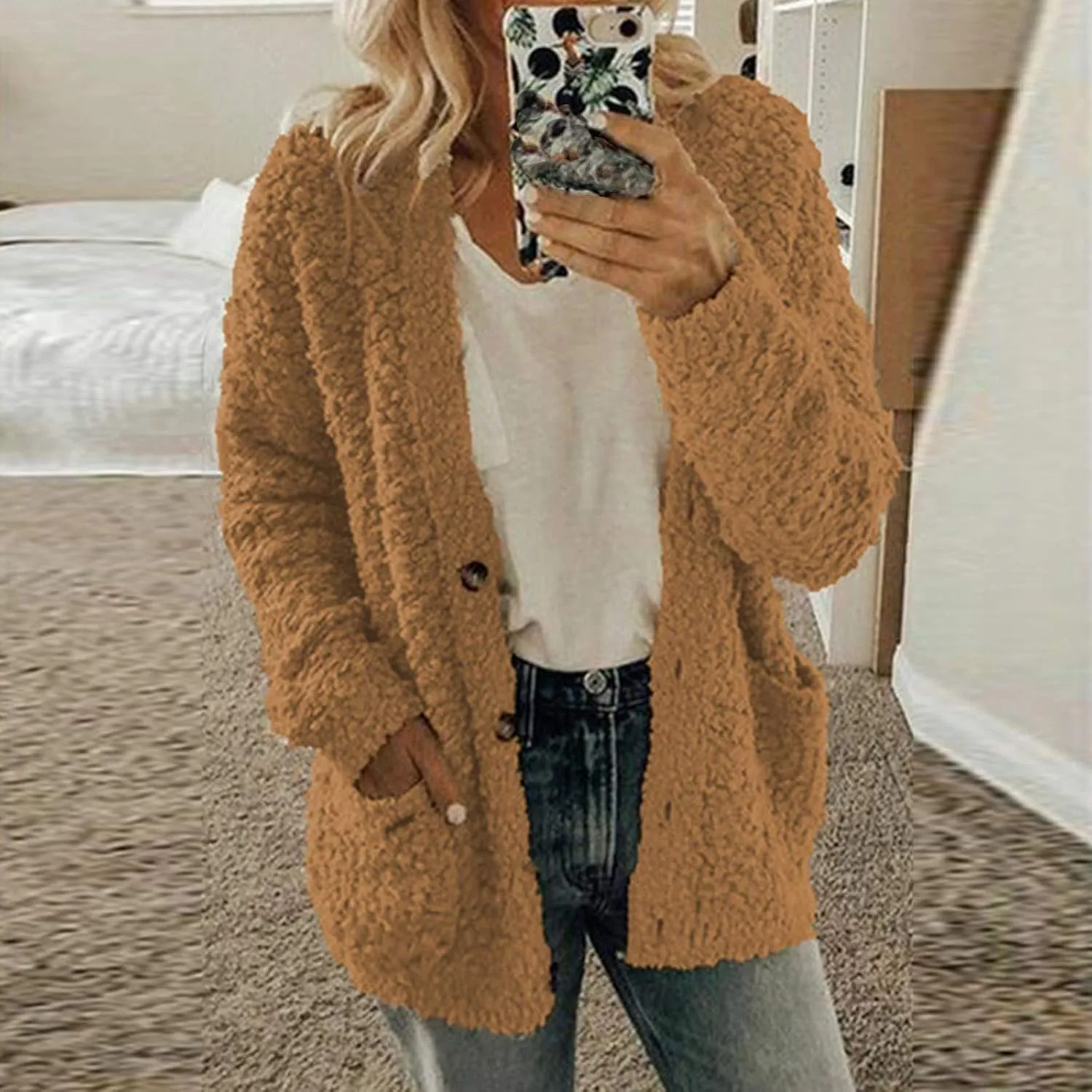 Women 2024 Winter Faux Fur Crop Coat Lapel Long Sleeve Fuzzy Fleece Outerwear Button Down Sherpa Jackets Fall Outfits