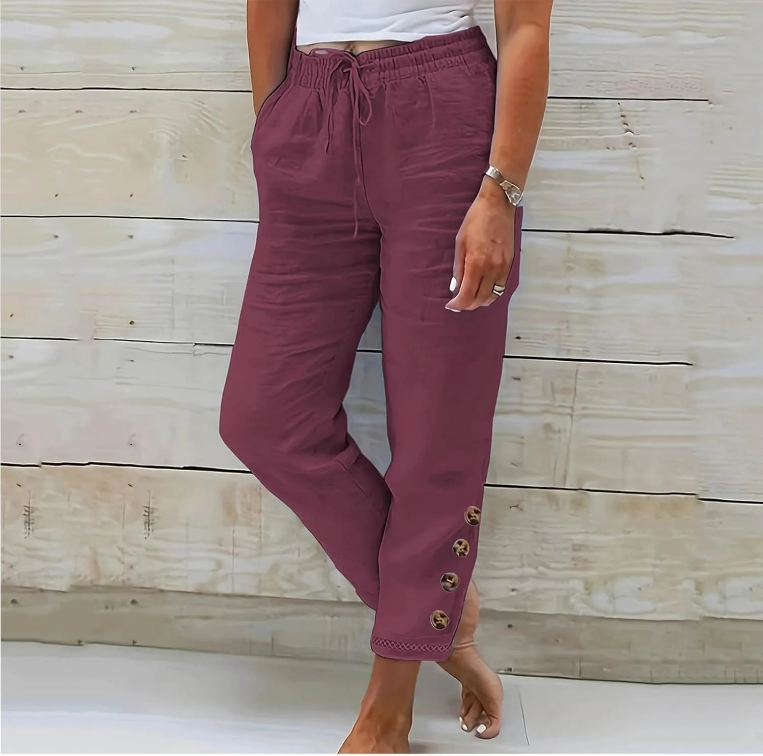 Women Cotton Linen Pants Summer Midi Waisted Wide Leg Drawstring Tapered Cuffed Trousers 2024 Light Casual Beach Pants