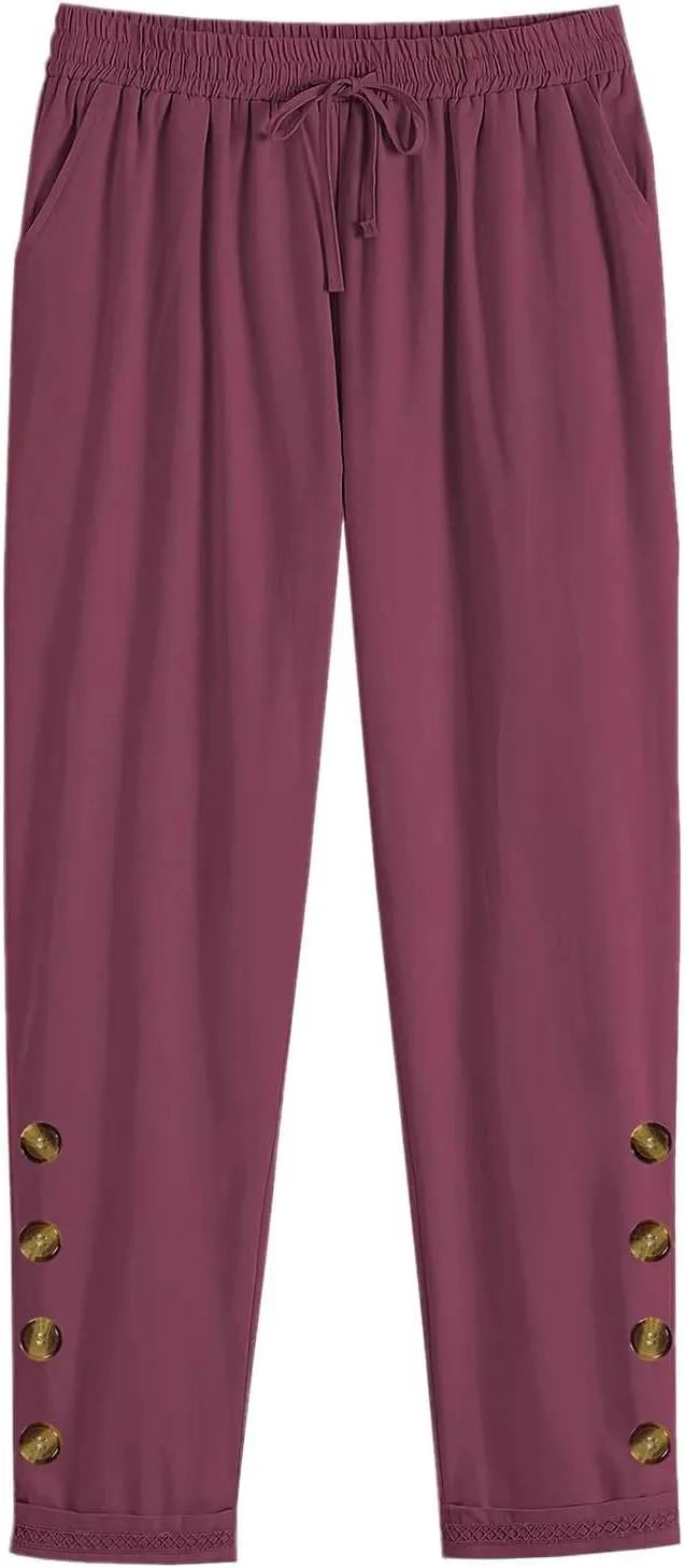Women Cotton Linen Pants Summer Midi Waisted Wide Leg Drawstring Tapered Cuffed Trousers 2024 Light Casual Beach Pants