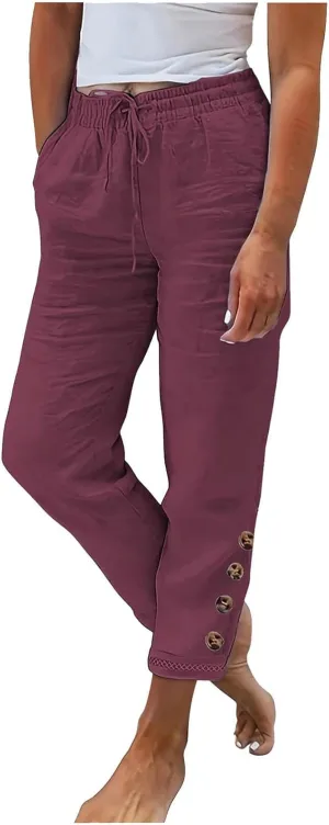 Women Cotton Linen Pants Summer Midi Waisted Wide Leg Drawstring Tapered Cuffed Trousers 2024 Light Casual Beach Pants