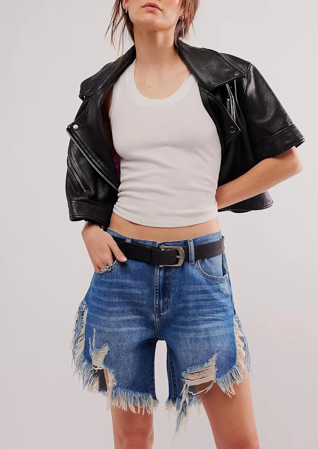 Women Cut Off Denim Shorts Low Waisted Frayed Raw Hem Ripped Distressed Baggy Jeans Shorts Casual Wide Leg Shorts