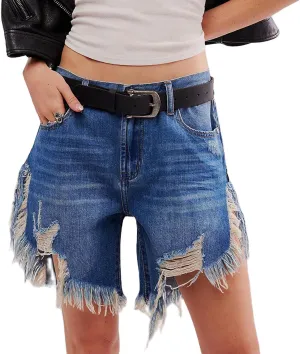 Women Cut Off Denim Shorts Low Waisted Frayed Raw Hem Ripped Distressed Baggy Jeans Shorts Casual Wide Leg Shorts