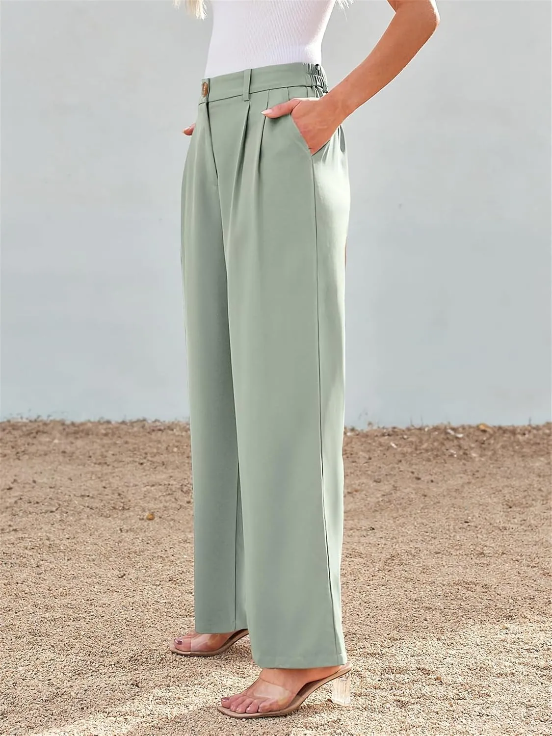 Women Dress Pants Fashion Straight Leg Suit Pants High Waisted Work Office Pant Wide Leg Palazzo Trousers with Pockets