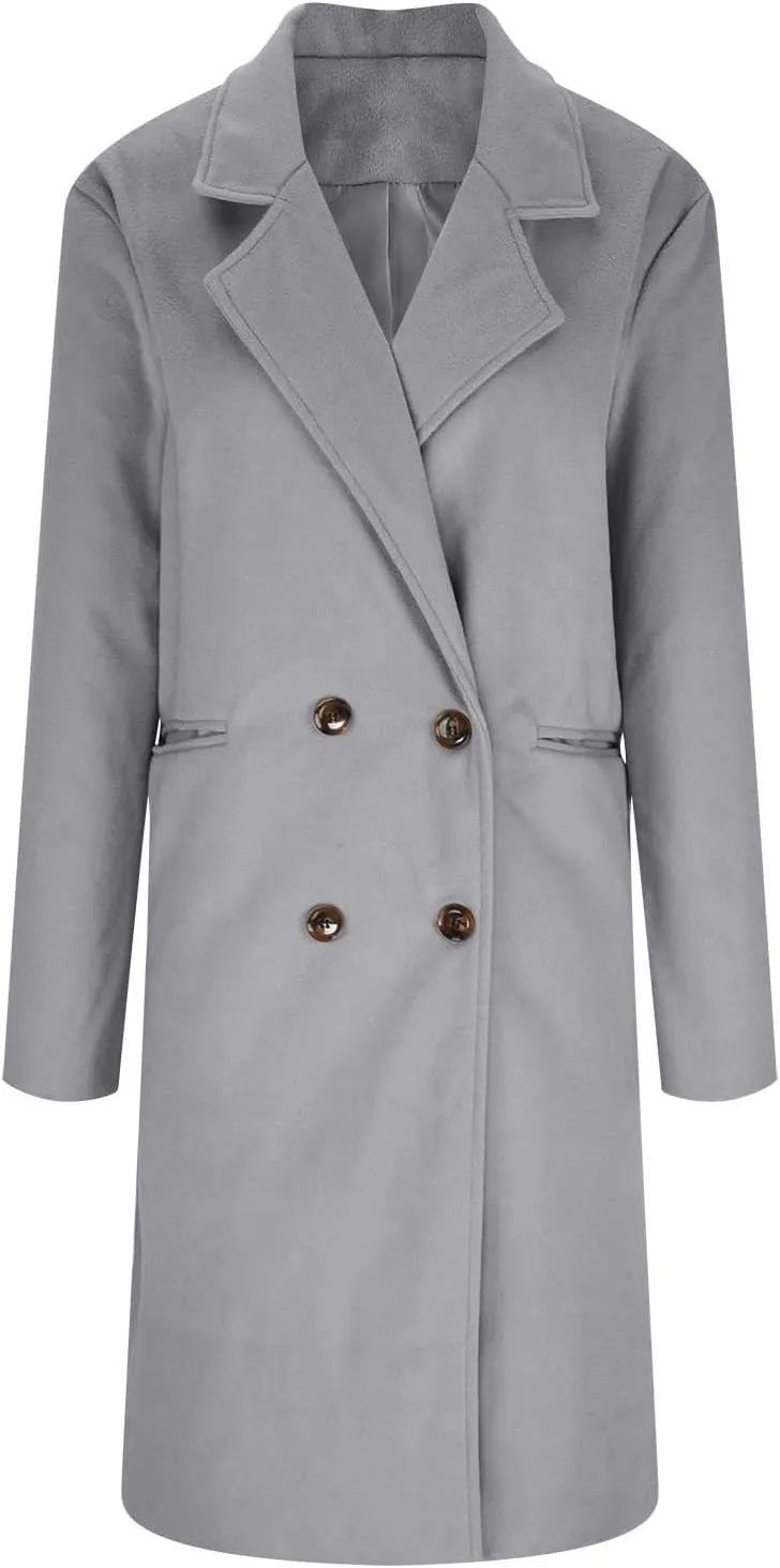 Women Elegant Notched Collar Double Breasted Pockets Wool Blend Over Coat Fall Winter Casual Peacoat Midi Trench Coats