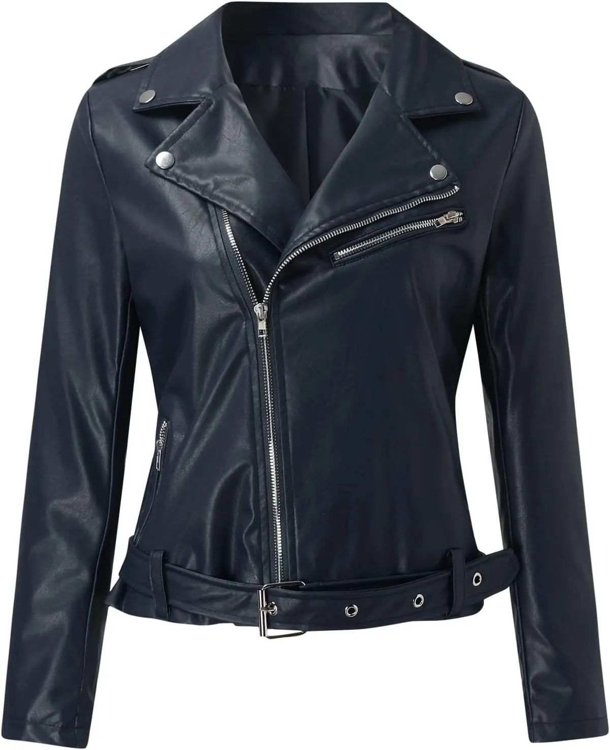 Women Faux Leather Blazer Jackets Zip Lapel Short Motorcycle Bike Coat Belted Hem Fashion Plus Size Pleather Jacket