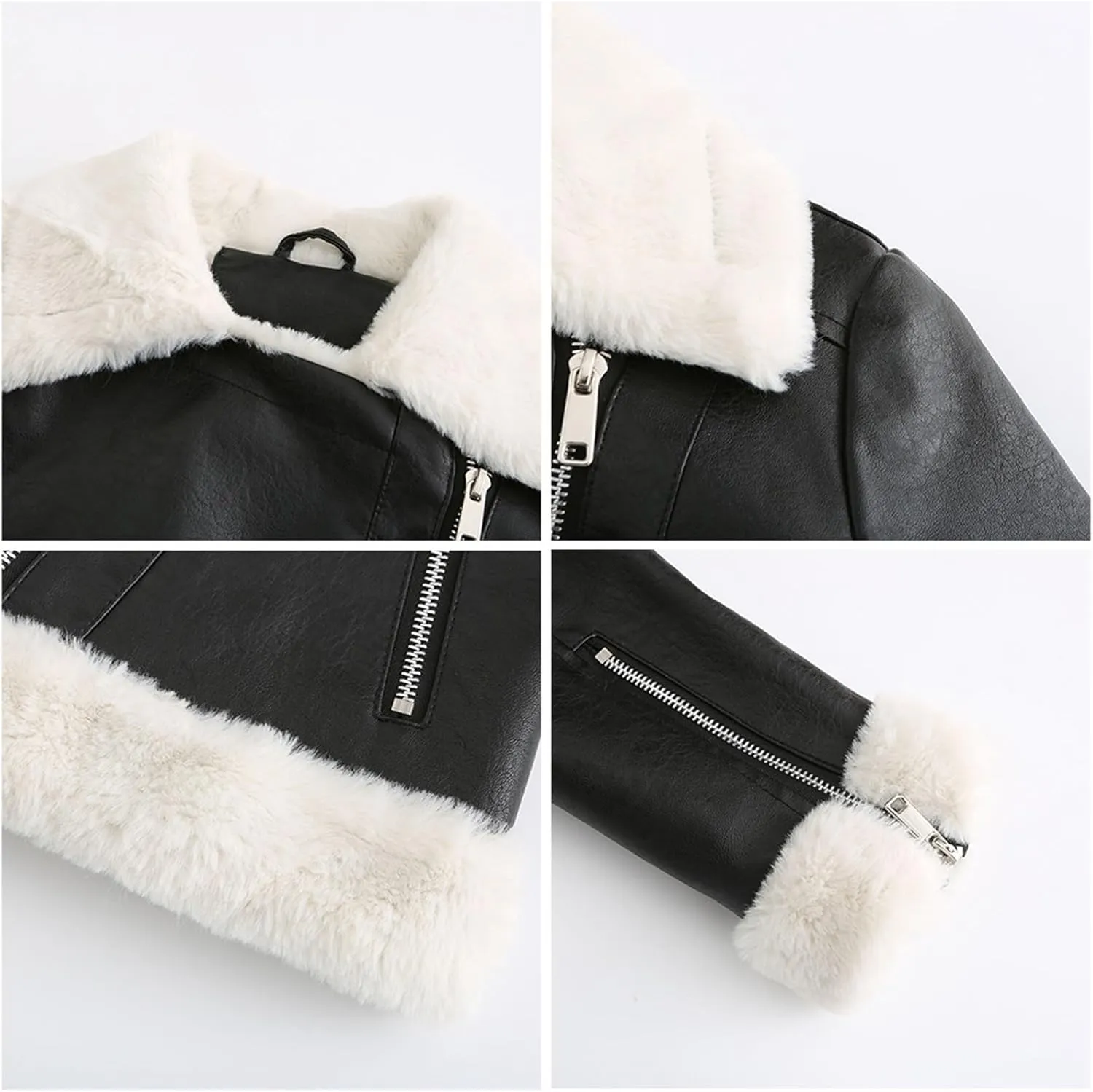 Women Faux Leather Jacket with Faux Fur Lining Warm Winter Biker Coat Faux Fur Moto Jacket Fashion Streetwear