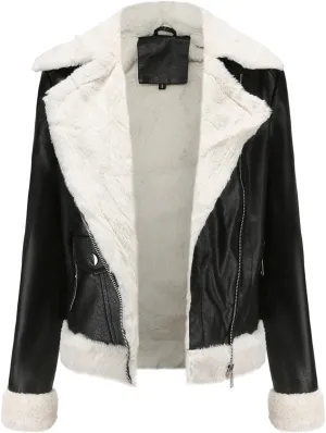Women Faux Leather Jacket with Faux Fur Lining Warm Winter Biker Coat Faux Fur Moto Jacket Fashion Streetwear