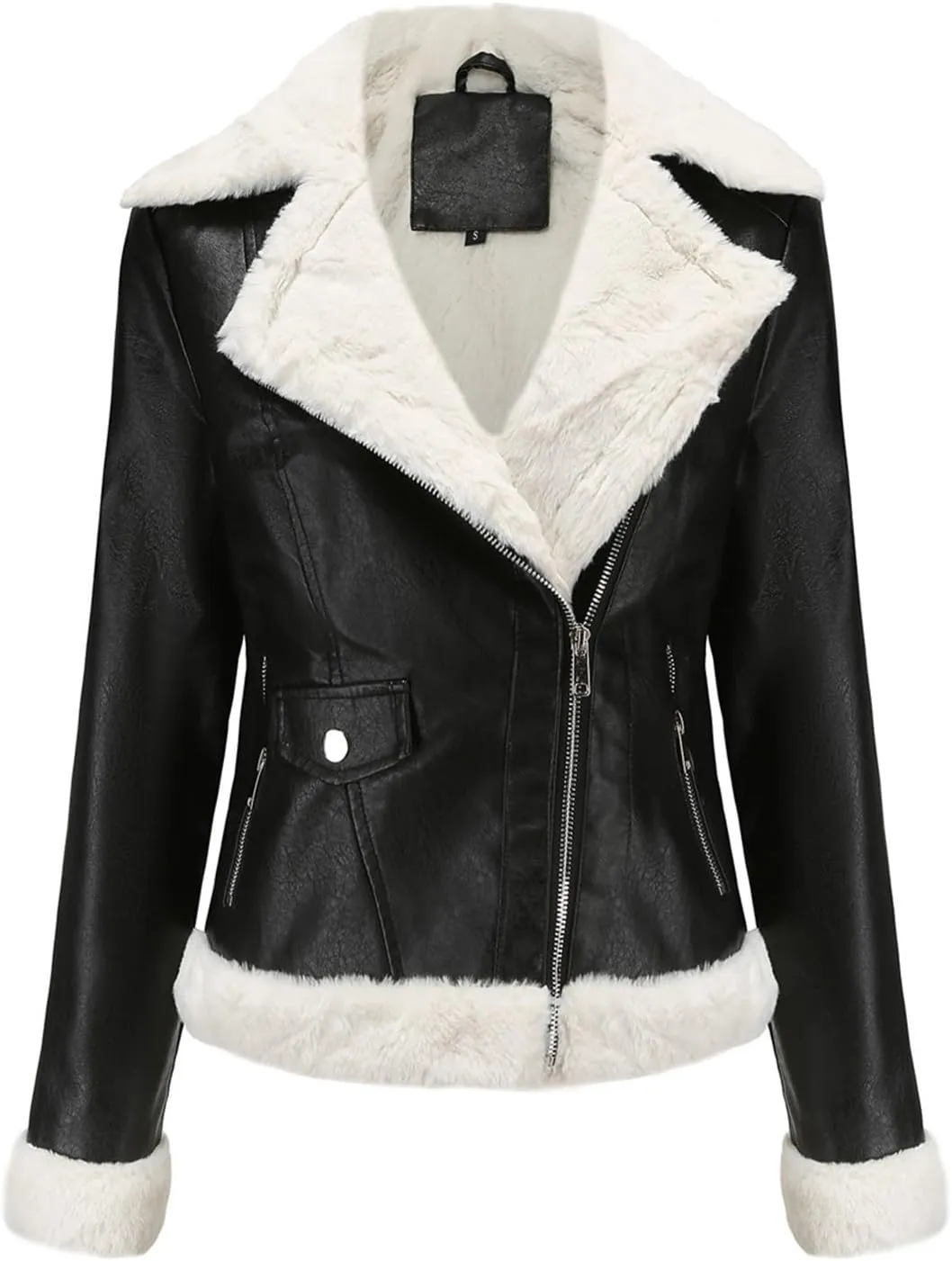 Women Faux Leather Jacket with Faux Fur Lining Warm Winter Biker Coat Faux Fur Moto Jacket Fashion Streetwear