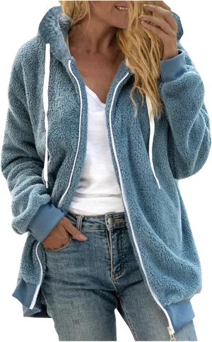 Women Fuzzy Jackets Full Zip Hooded Sweatshirt Coat Winter Warm Fleece Plush Zipper Hoodies Cozy Cardigan Outwear