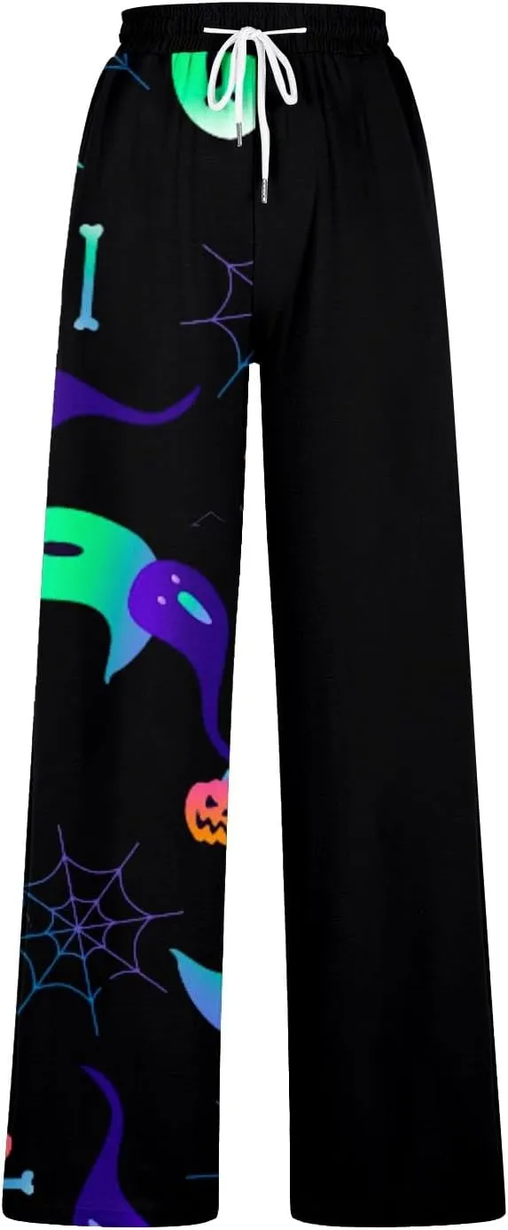 Women Halloween Trendy Sweatpants for Wide Leg Joggers Elastic High Waist Pants with Pockets Fall Fashion Outfits