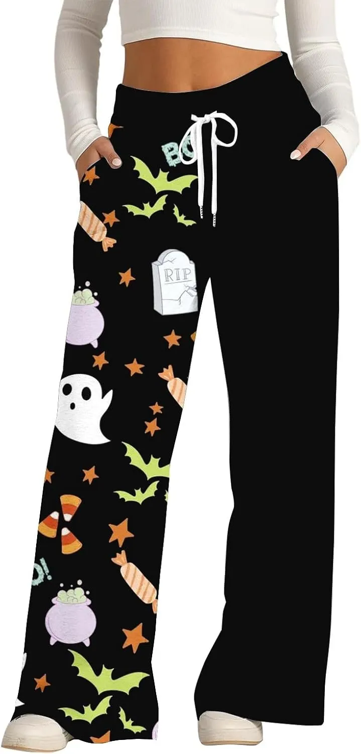 Women Halloween Trendy Sweatpants for Wide Leg Joggers Elastic High Waist Pants with Pockets Fall Fashion Outfits
