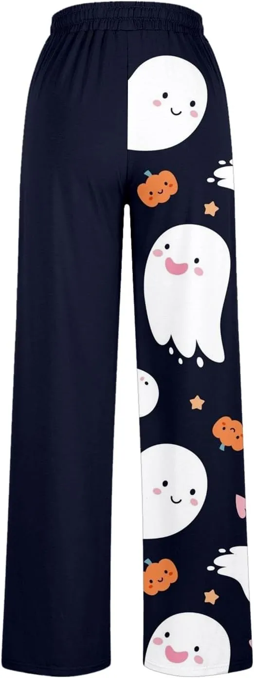Women Halloween Trendy Sweatpants for Wide Leg Joggers Elastic High Waist Pants with Pockets Fall Fashion Outfits
