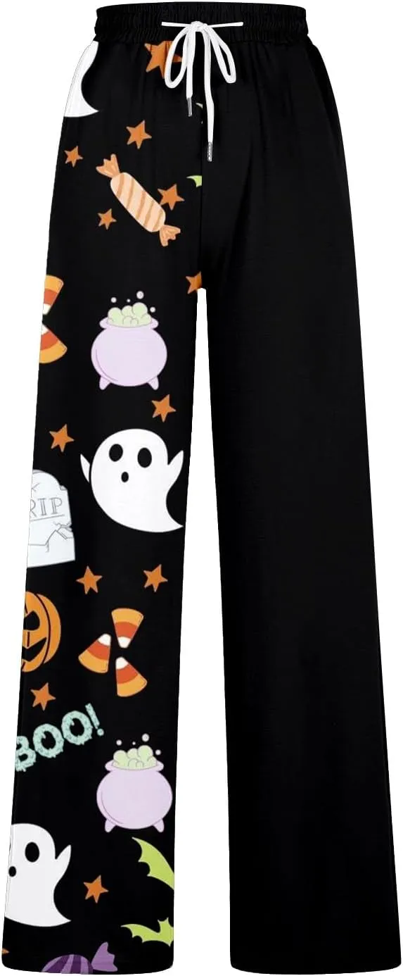 Women Halloween Trendy Sweatpants for Wide Leg Joggers Elastic High Waist Pants with Pockets Fall Fashion Outfits