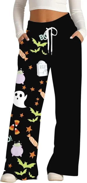 Women Halloween Trendy Sweatpants for Wide Leg Joggers Elastic High Waist Pants with Pockets Fall Fashion Outfits