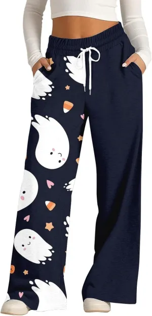 Women Halloween Trendy Sweatpants for Wide Leg Joggers Elastic High Waist Pants with Pockets Fall Fashion Outfits