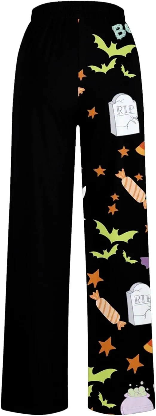 Women Halloween Trendy Sweatpants for Wide Leg Joggers Elastic High Waist Pants with Pockets Fall Fashion Outfits