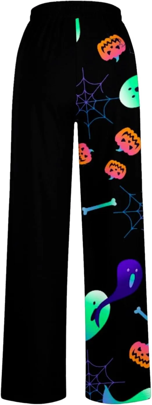 Women Halloween Trendy Sweatpants for Wide Leg Joggers Elastic High Waist Pants with Pockets Fall Fashion Outfits