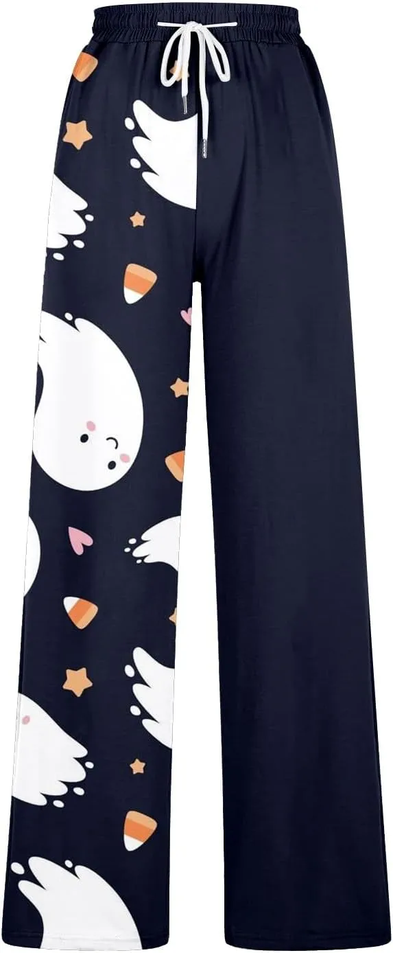 Women Halloween Trendy Sweatpants for Wide Leg Joggers Elastic High Waist Pants with Pockets Fall Fashion Outfits