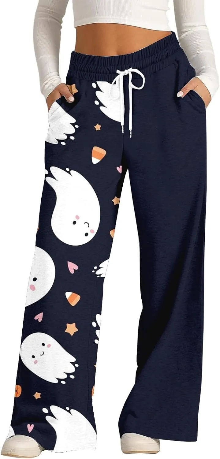 Women Halloween Trendy Sweatpants for Wide Leg Joggers Elastic High Waist Pants with Pockets Fall Fashion Outfits