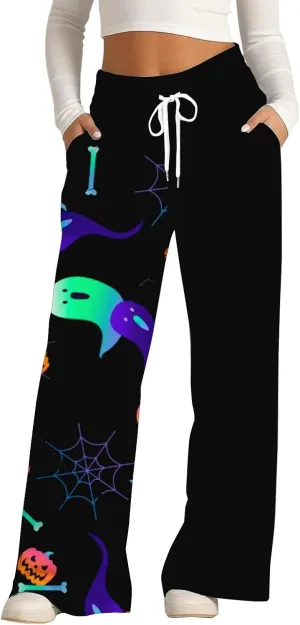 Women Halloween Trendy Sweatpants for Wide Leg Joggers Elastic High Waist Pants with Pockets Fall Fashion Outfits