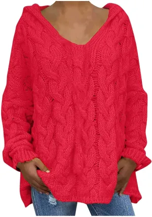 Women Hooded Sweater Cable Knit Pullover Sweaters Casual Plus Size Jumper Tops 2022 Chunky Warm Fall Outfits Y2k Modern