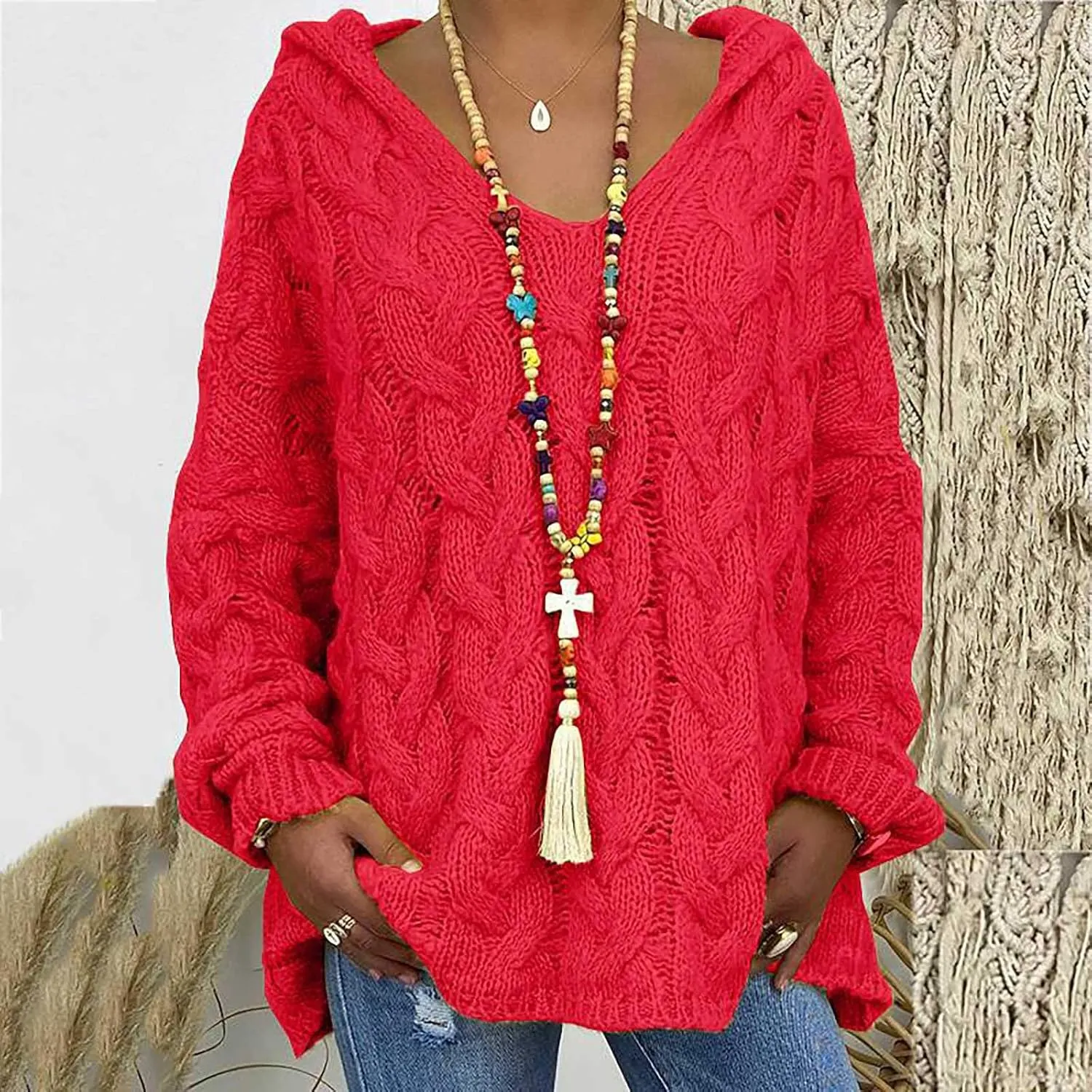 Women Hooded Sweater Cable Knit Pullover Sweaters Casual Plus Size Jumper Tops 2022 Chunky Warm Fall Outfits Y2k Modern