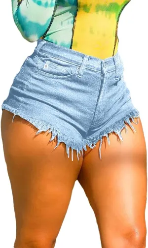 Women Mid Rise Waist Frayed Raw Hem Stretchy Denim Shorts, Ripped Jean Shorts Hot Pants with Pockets, Short Shorts for Women