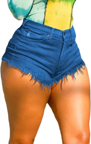 Women Mid Rise Waist Frayed Raw Hem Stretchy Denim Shorts, Ripped Jean Shorts Hot Pants with Pockets, Short Shorts for Women