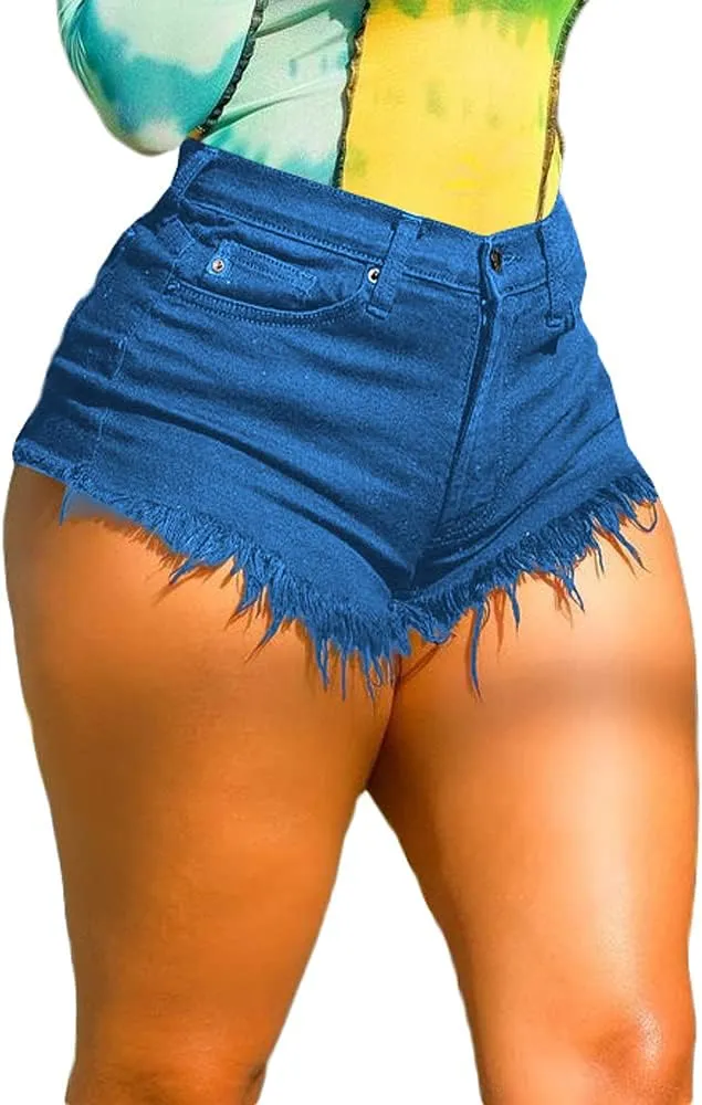 Women Mid Rise Waist Frayed Raw Hem Stretchy Denim Shorts, Ripped Jean Shorts Hot Pants with Pockets, Short Shorts for Women