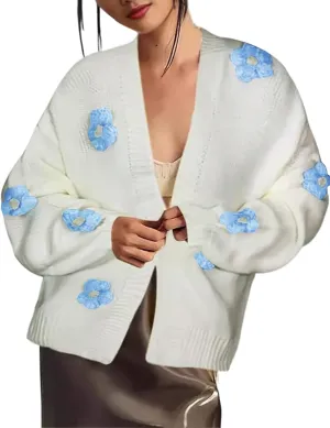 Women Oversized Flower Sweater Cardigan Y2K Knit Chunky Cute 3D Flower Long Sleeve Open Front Cardigan Fall Trendy 2024