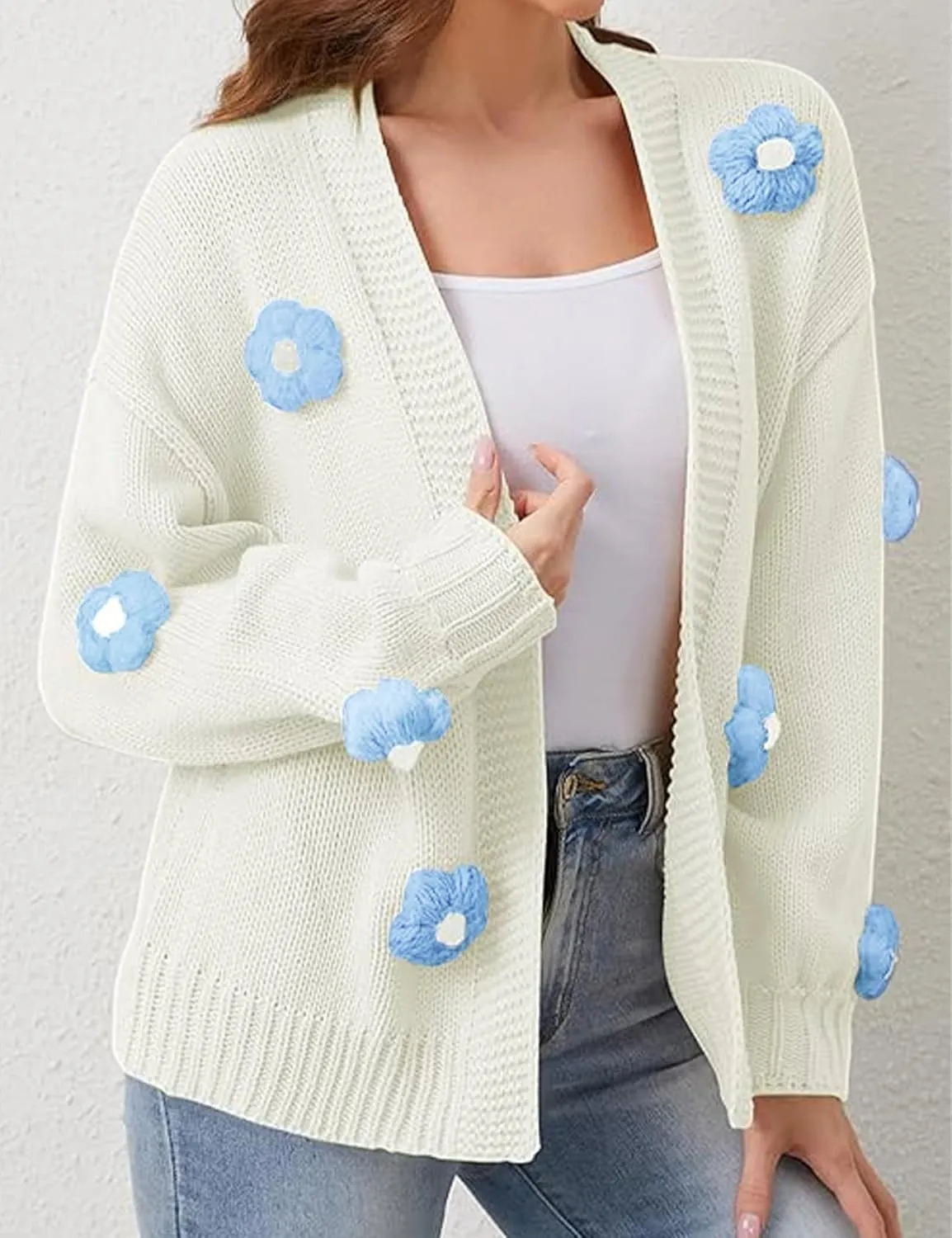 Women Oversized Flower Sweater Cardigan Y2K Knit Chunky Cute 3D Flower Long Sleeve Open Front Cardigan Fall Trendy 2024