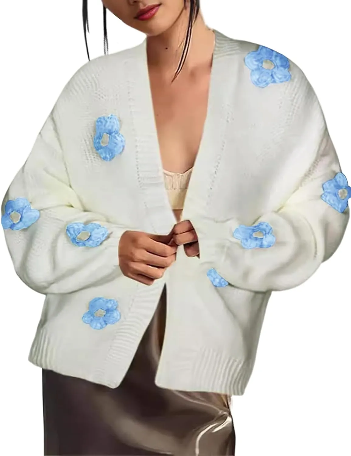 Women Oversized Flower Sweater Cardigan Y2K Knit Chunky Cute 3D Flower Long Sleeve Open Front Cardigan Fall Trendy 2024