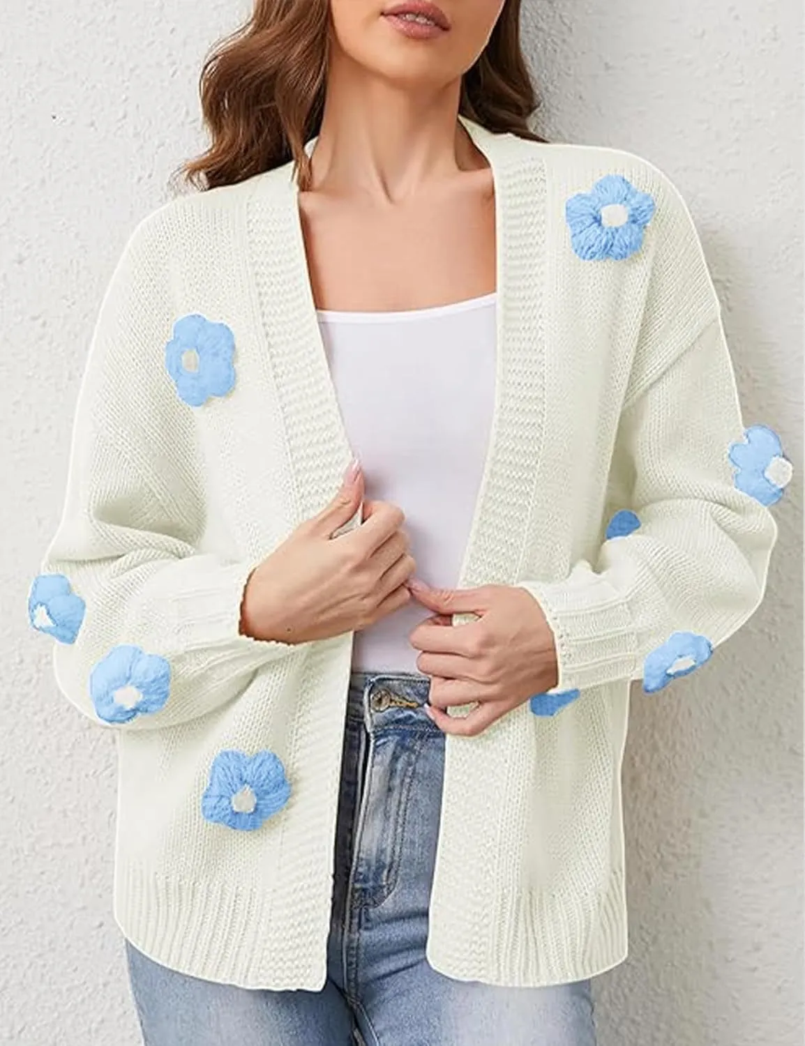Women Oversized Flower Sweater Cardigan Y2K Knit Chunky Cute 3D Flower Long Sleeve Open Front Cardigan Fall Trendy 2024