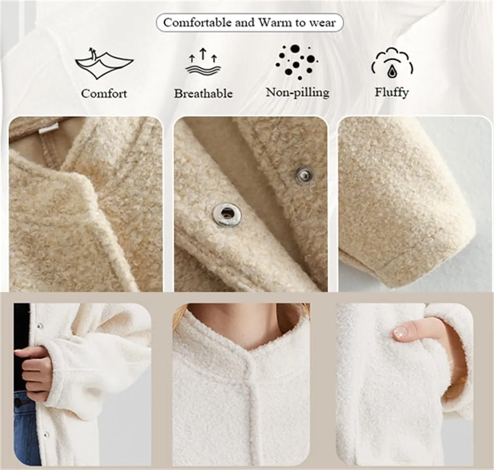 Women Oversized Wool Blend Jackets Outwear with Pockets Long Sleeve Button Down Fleece Fall Winter Coat Casual Loose