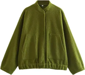 Women Oversized Wool Blend Jackets Outwear with Pockets Long Sleeve Button Down Fleece Fall Winter Coat Casual Loose