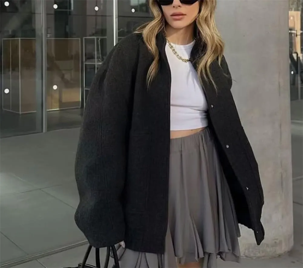 Women Oversized Wool Blend Jackets Outwear with Pockets Long Sleeve Button Down Fleece Fall Winter Coat Casual Loose
